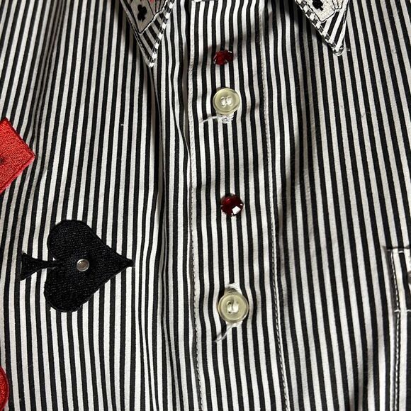 Get Lucky Womens Button Down Shirt Striped Small Embroidered Cards Black Small - Picture 8 of 15